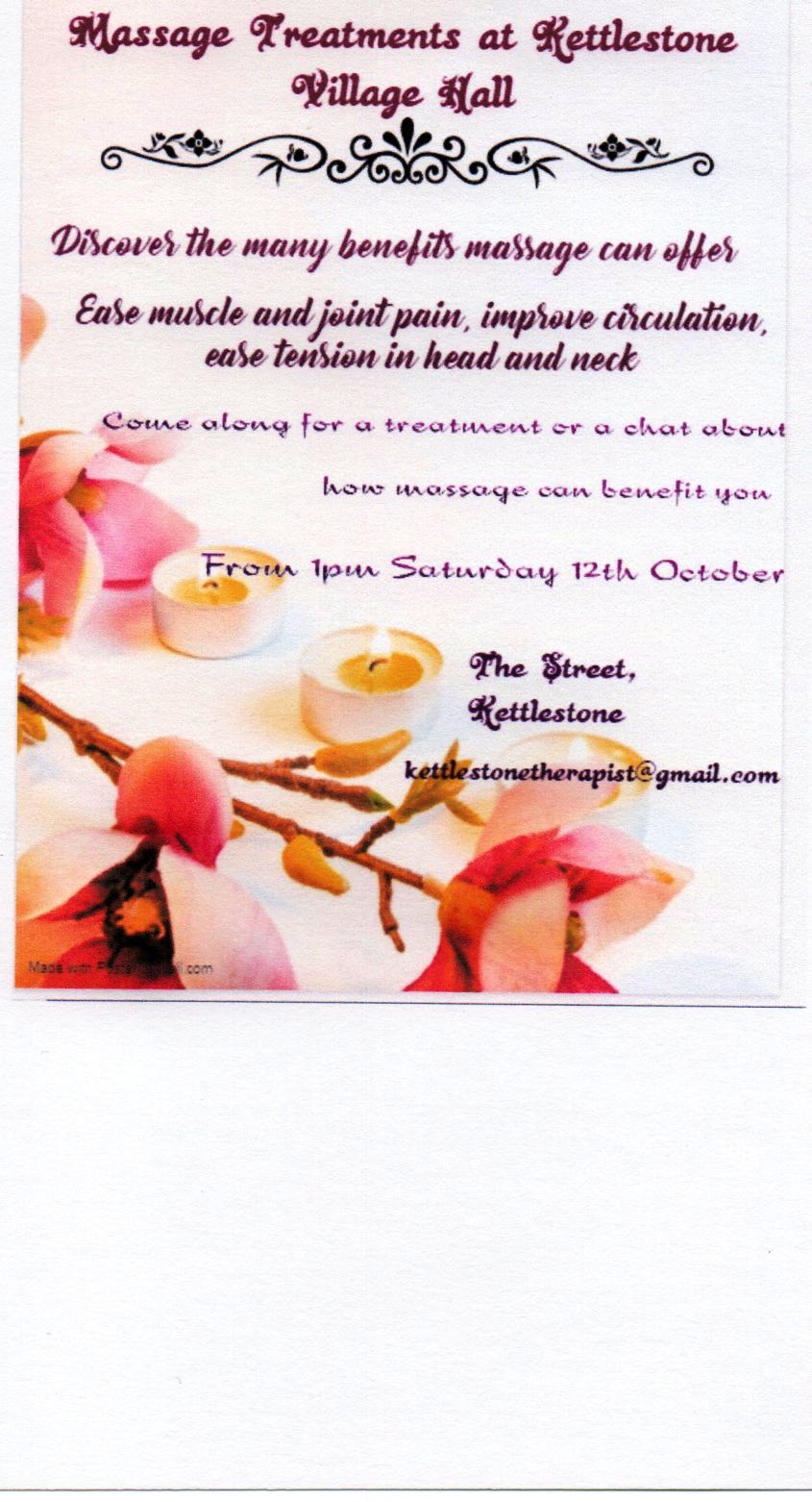 Massage Treatment in Kettlestone Village Hall 12 October 2019